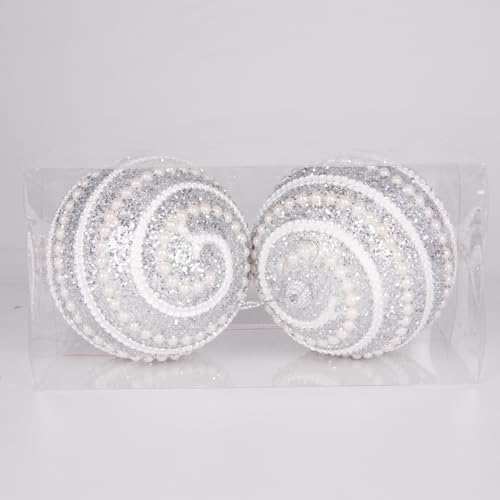 Yılbaşı Topu 2'li Paket Simli Şerit İnci Boncuk Figürlü Gümüş 9 Cm.