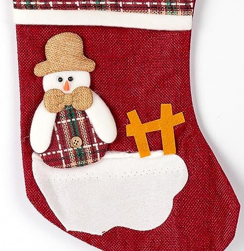 Yılbaşı Süsü Ekose Desenli Çorap Kardan Adam Figürlü Koyu Kırmızı 21x34 Cm.