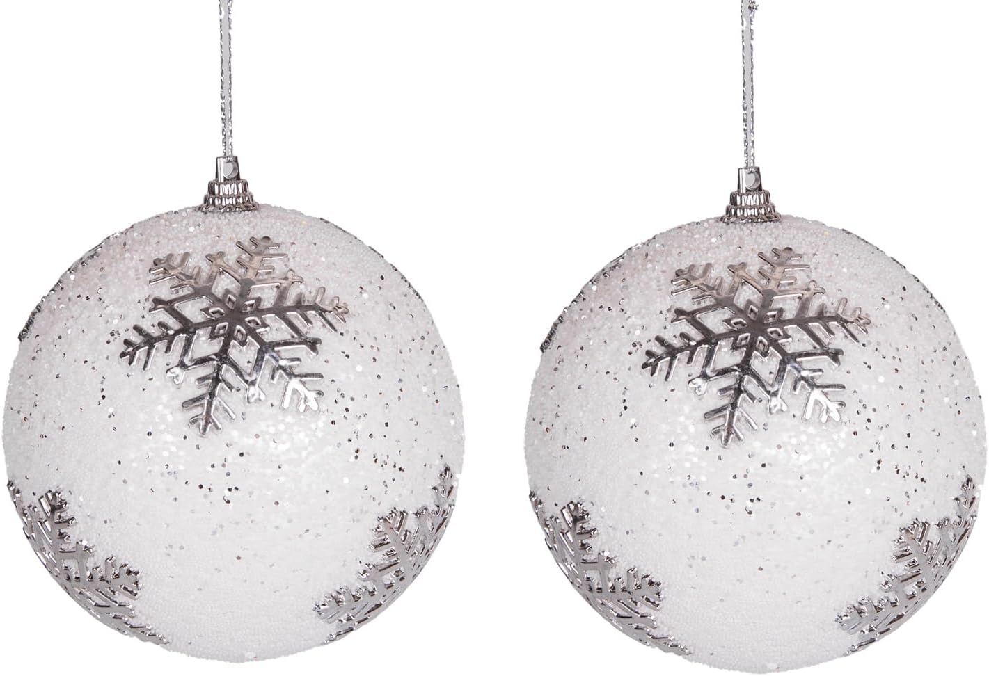 Yılbaşı Topu Beyaz Simli Kar Tanesi Figürlü 2'li Paket Gümüş 9 Cm.