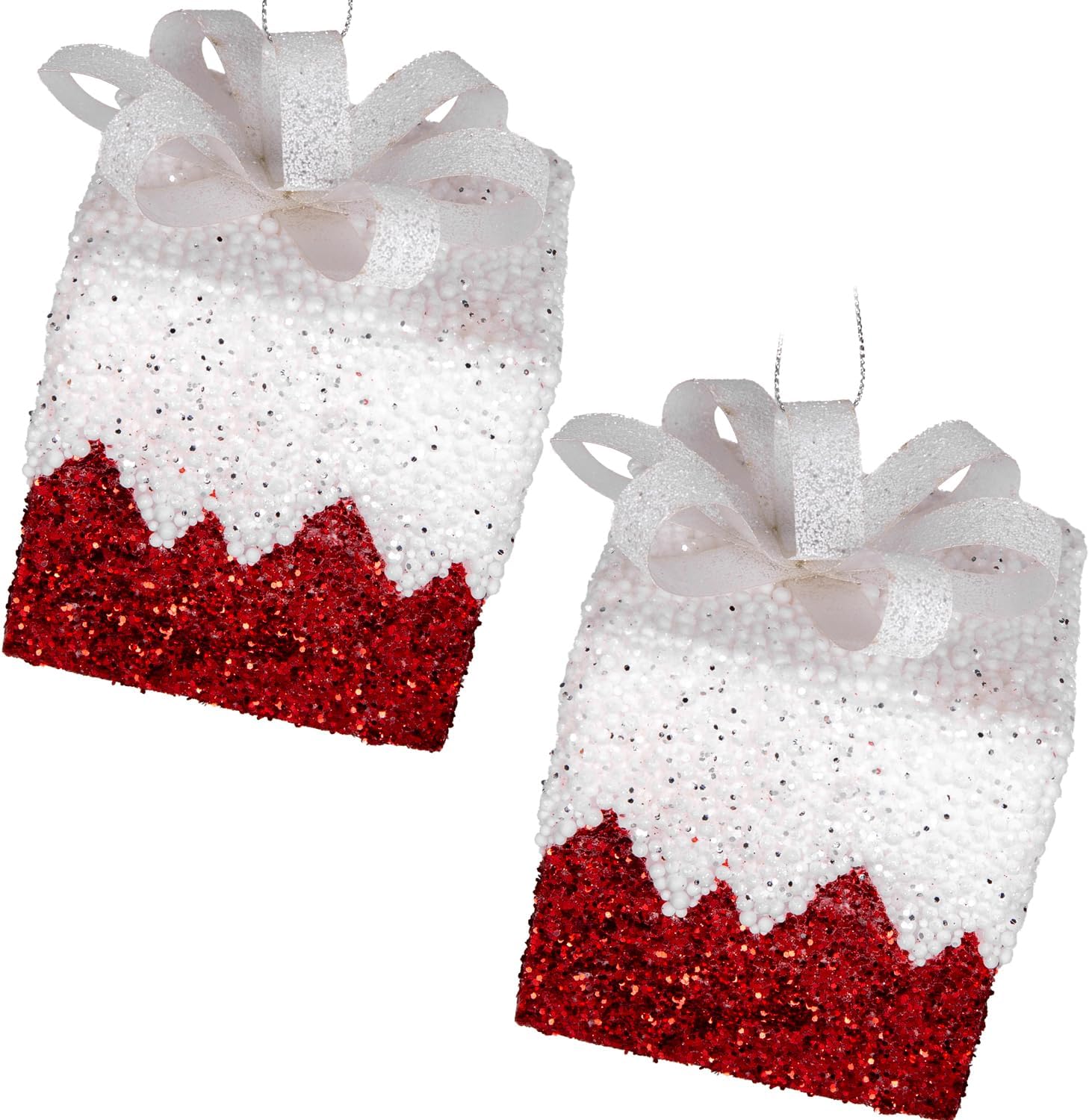 Yılbaşı Süsü Hediye Paketi Simli Kurdelalı 2'li Paket Kırmızı-Beyaz 8 Cm.