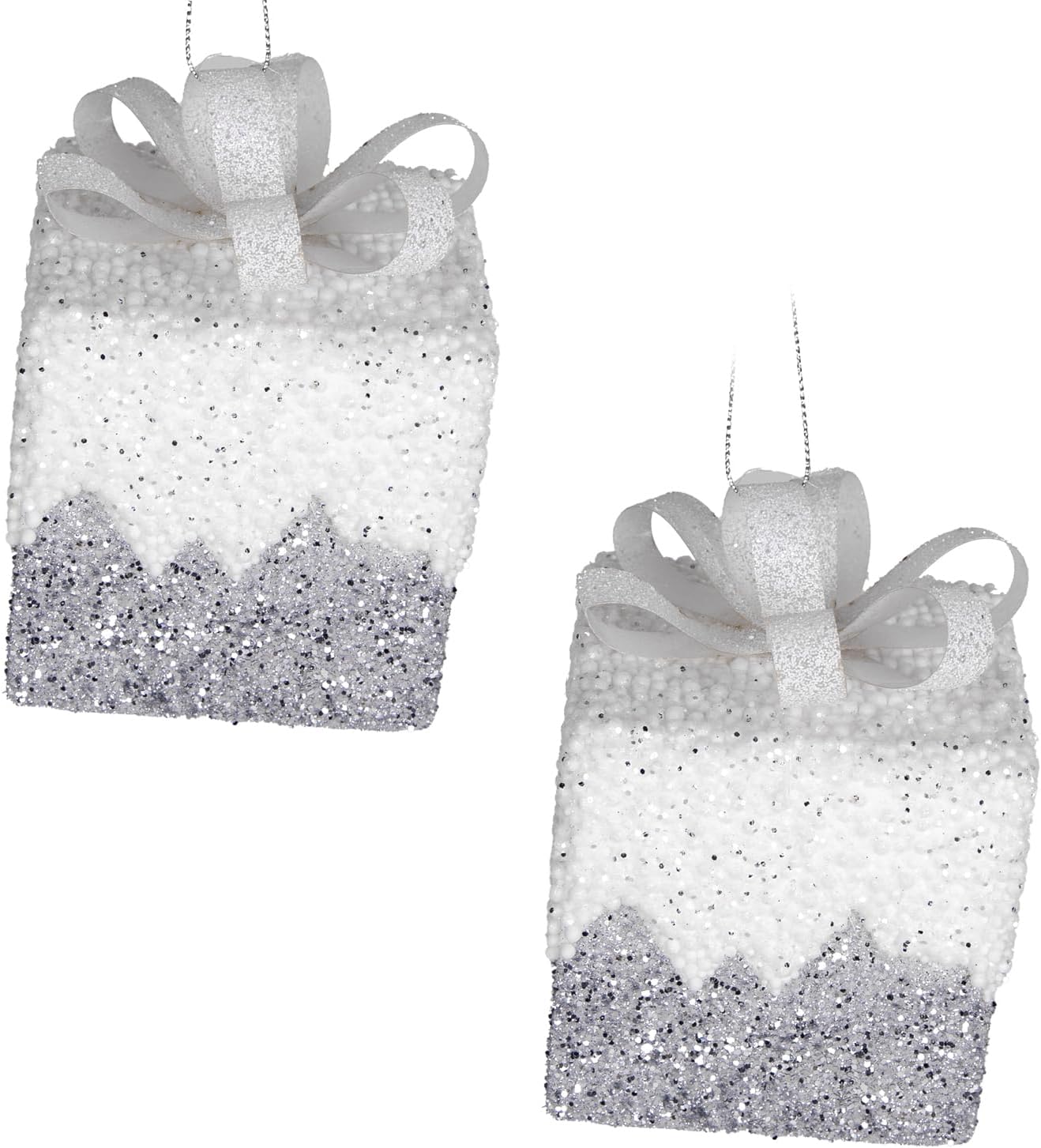 Yılbaşı Süsü Hediye Paketi Simli Kurdelalı 2'li Paket Gümüş-Beyaz 8 Cm.