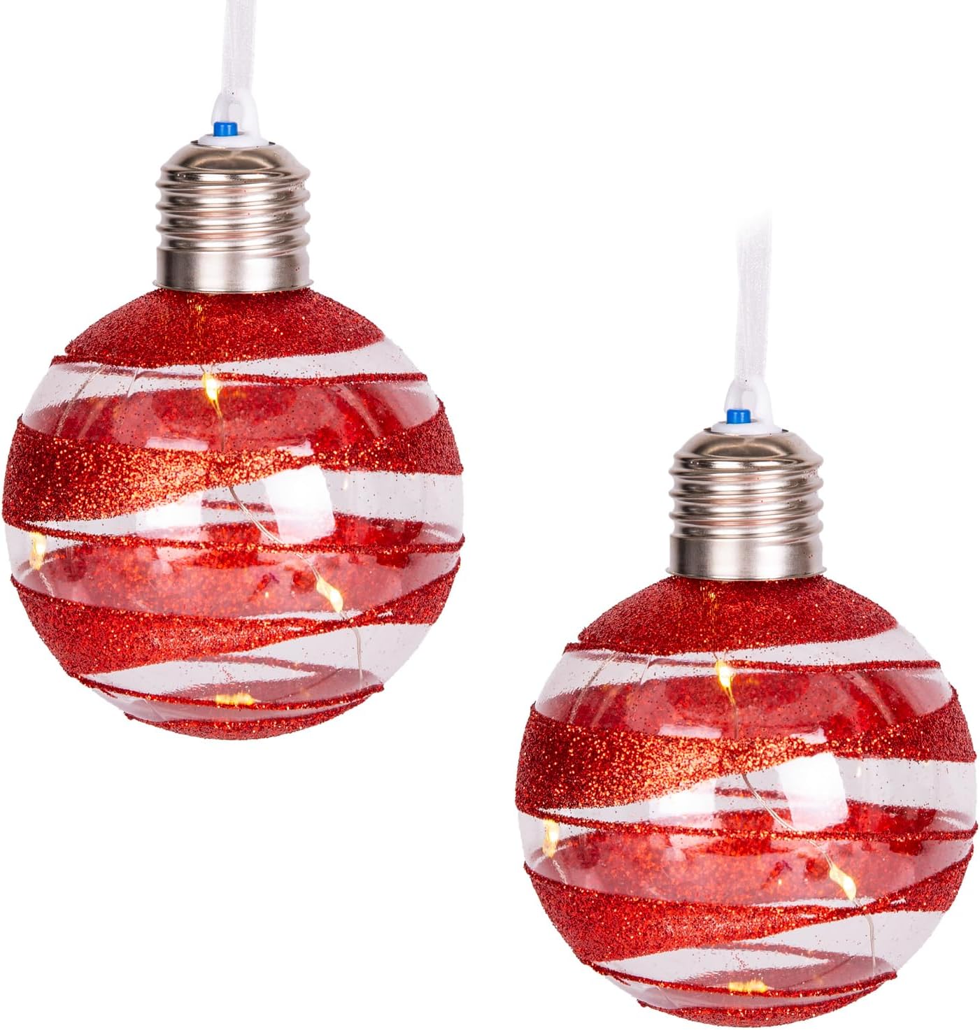 Yılbaşı Topu Ampul Led Işıklı Simli Kırmızı 2'li Paket 7 Cm.