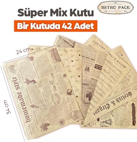 1 Kutuda 42 adet Desenli Yağlı Sunum Kağıdı, Desen, Sunum Kağıdı, Retro Desenli Kağıt