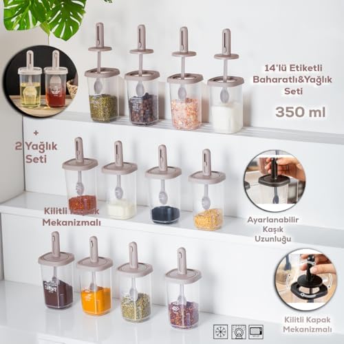 1105 Kaydırmalı Kaşıklı Sızdırmaz Kapaklı Etiketli Yağdanlıklı 14'lü Baharatlık Seti Cappuccino