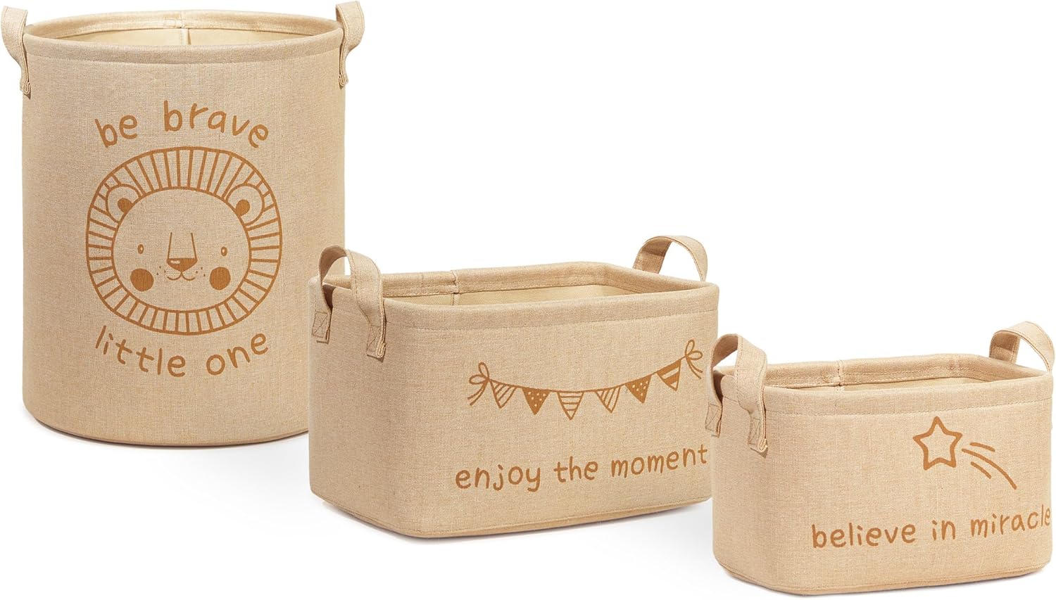 3'lü Çocuk Odası Sevimli Aslan Jüt Dokuma Kumaş Sepet Set 24 x 17 x 14/30 x 21 x 18/33 x 40 cm