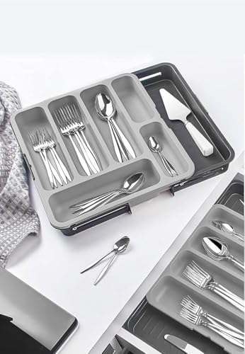 6 Bölmeli Büyütülebilir Kaşıklık – Çekmece İçi Çatal Kaşık Bıçak Düzenleyici Organizer, Ayarlanabilir ve Kaymaz Mutfak İçi Düzenleyici-Çekmece,Mutfak Düzenleyci (Gri)