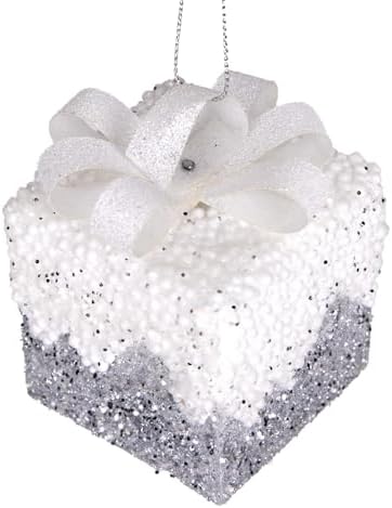 Yılbaşı Süsü Hediye Paketi Simli Kurdelalı 3'lü Paket Gümüş-Beyaz 6 Cm.