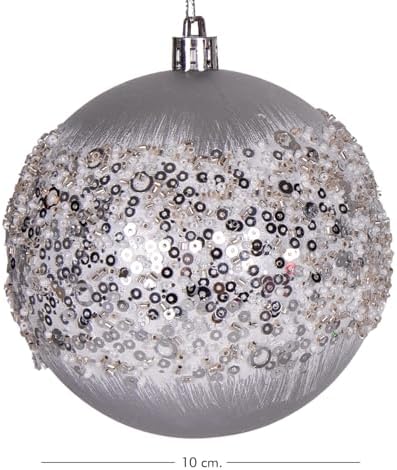 Yılbaşı Topu Beyaz Boncuk ve Halka Desenli 2'li Paket Gümüş 10 Cm.