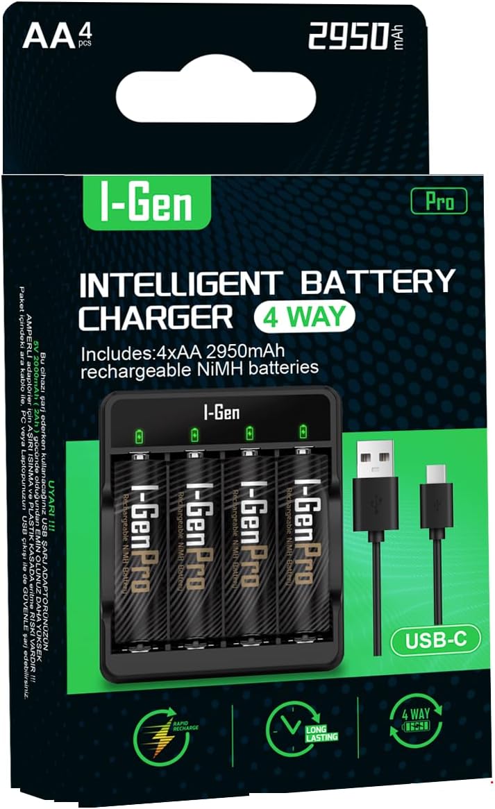 G429 4'lü Pil Şarj Aleti + 4 Adet AA Pro 2950 mAh Şarjlı Kalem Pilli Set