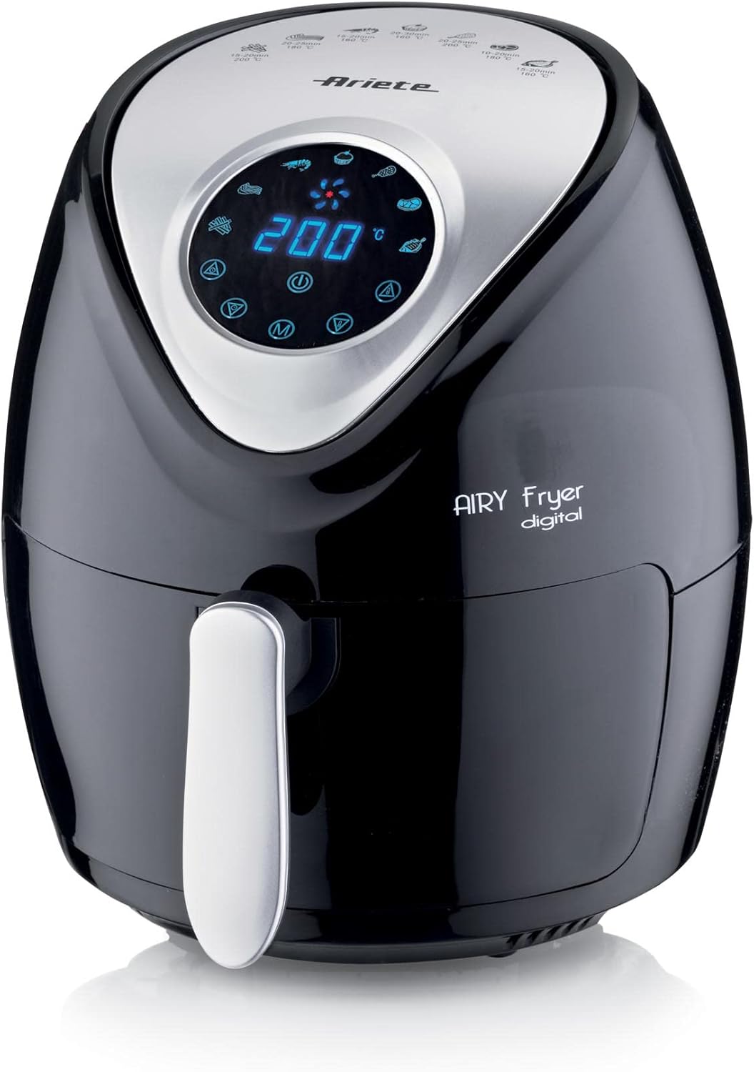 Ariete Airy Fryer Digital 4616, sıcak hava fritözü 3,5 litre, 60 dakikalık zamanlayıcı, LCD ve dokunmatik ekran, 7 pişirme kademeli, maksimum sıcaklık 200 °C, 1300 W, siyah