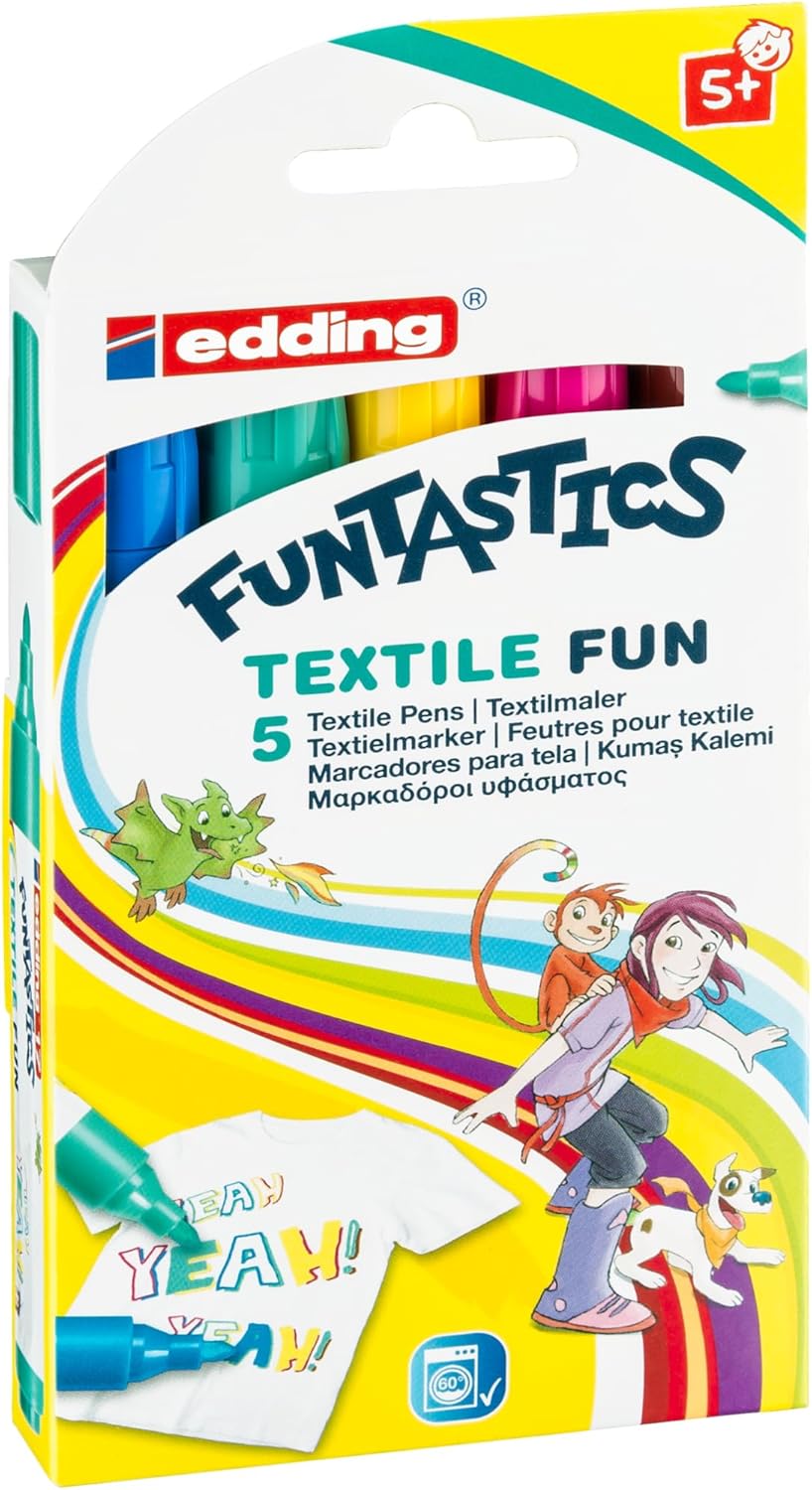 17 FUNTASTICS TEXTILE FUN çocuklar için tekstil kalemi - sarı, kahverengi, mavi, kırmızı, yeşil - 5'li kalem seti - 2-3 mm yuvarlak uç