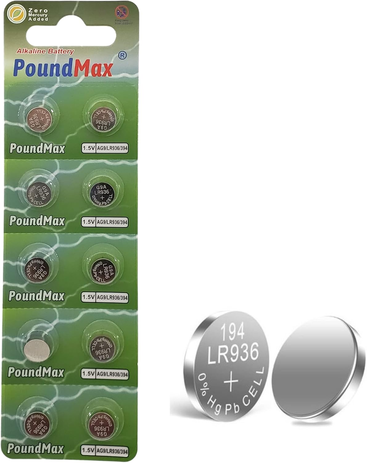 10x AG9 (LR45, LR936, 394) 1.5V - Poundmax alkalin düğme piller | 1x 10'lu paket