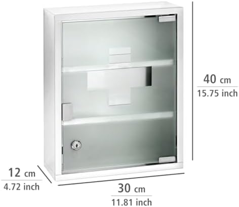 ecza dolabı, kilitlenebilir, paslanmaz çelik, 30 x 40 x 12 cm, parlak