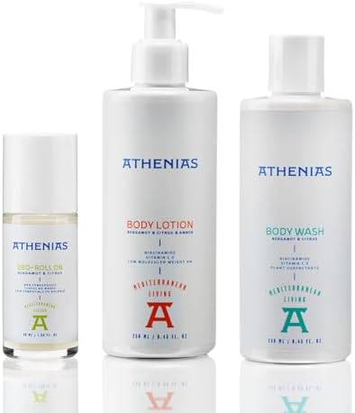 ATHENIAS Banyo Seti, Vücut Yıkama Jeli, Vücut Losyonu ve Deo Roll-On, 3'lü Set, Bergamot ve Narenciye
