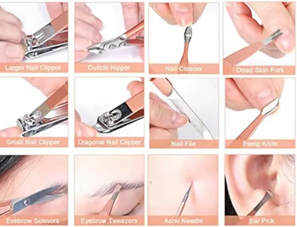 12 Parça Profesyonel Manikür Pedikür Seti, Paslanmaz Çelik Tırnak Bakım Seti, Rose Gold Taşınabilir Çantalı no:1