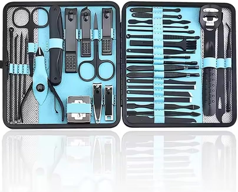 36 Parça Profesyonel Manikür Pedikür Seti, Paslanmaz Çelik Tırnak Bakım Aletleri, Mavi-Siyah Taşıma Çantalı