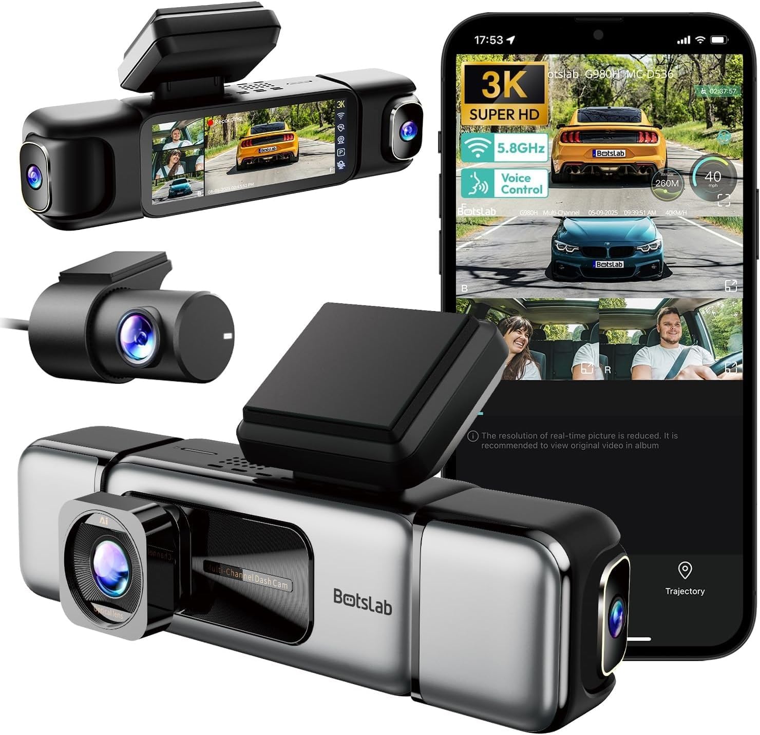 3K 4 Kanallı Araç Kamerası, 560°, 3.18 inç Dokunmatik Ekranlı Ön ve Arka Araç İçi Kamera, Araç Kamerası 7/24 Modu, Dahili GPS, 5.8G WiFi Gece Görüşü, Ses Kontrolü 128 GB Hafıza Kartlı