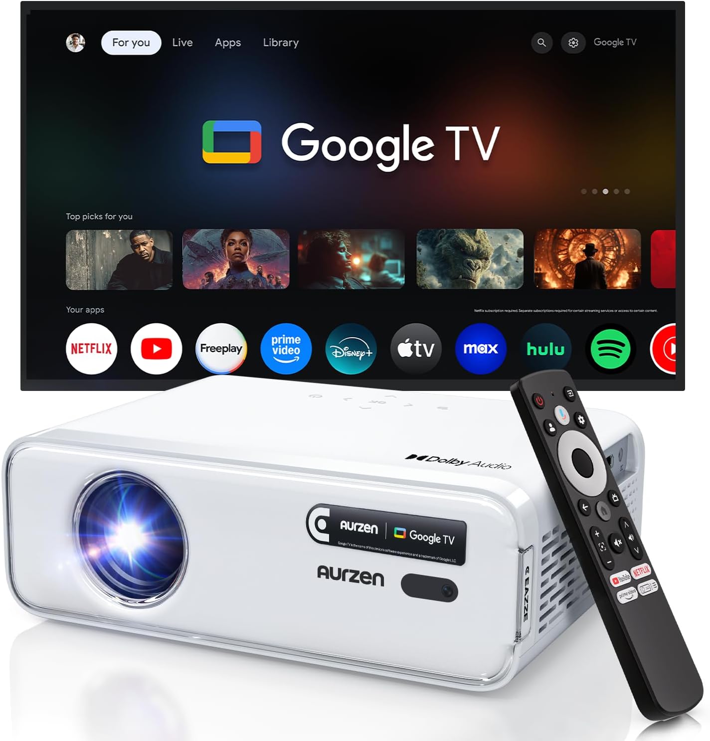 EAZZE D1 GTV projektör, TV akıllı projektör, WiFi ve Bluetooth, Netflix resmi lisanslı, otomatik odaklama ve Keystone, DoIby Audio, zoom, yerel 1080p film, taşınabilir dış mekan