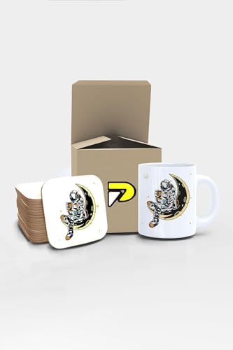 Astronot Ay Kriterinde Keyif Uzay Tasarımlı Baskılı Kupa Bardak Seti, Eğlenceli Özel Hediye Mug