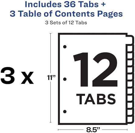 3 Halkalı Bağlayıcılar için 12 Sekme Bölücü, Özelleştirilebilir İçindekiler Tablosu, Klasik Beyaz Sekmeler, 3 Set (11078)