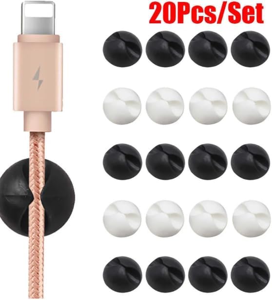 20’li Kablo Sabitleme Klipsi Seti | Siyah & Beyaz Kablo Düzenleyici | Masa Üstü, Ofis, Ev ve TV Kablo Yönetimi İçin Yapışkanlı Klipsler