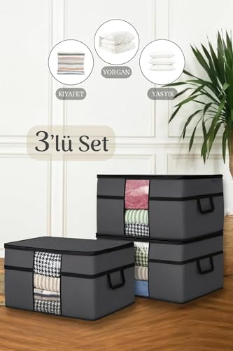 3 Adet Pencereli Yastık Saklama Hurcu - Boy Yorgan Hurç Organizer Düzenleyici - 75 X 40 X 40 Cm ANTRASİT