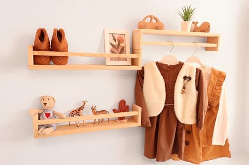 Ahşap Bebek ve Çocuk Duvara Monte 3'lü Raf Seti, Kitaplık, Oturma, Yatak, Mutfak, Banyo Rafı 50 cm Genişlik, 10 cm Yükseklik, 8 cm Derinlik