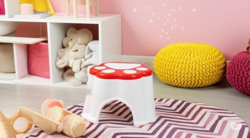 Kaydırmaz Tabanlı Çocuk Taburesi, Pati Desenli, Kırmızı