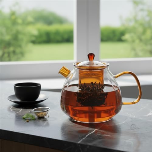 Borosilikat Cam Demlik - Renk Süzgeçli ve Kapaklı Çaydanlık | Bitki ve Yeşil Çay Demleme Potu (1100 ml) - Ocağa Dayanıklı