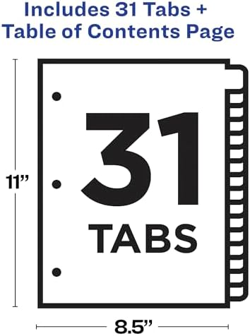 3 Halka Bağlayıcı için 1-31 Tab Bölücüler, Özelleştirilebilir İçindekiler, Çok Renkli Sekmeler, 1 Set, 12 Paket (11846)