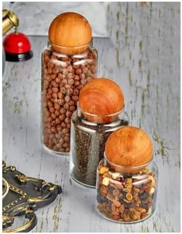 3’lü Ahşap Kapaklı Cam Saklama Kavanoz Seti – Modern Küre Kapak Tasarımıyla Kuruyemiş, Kahve, Şeker ve Baharat Depolama
