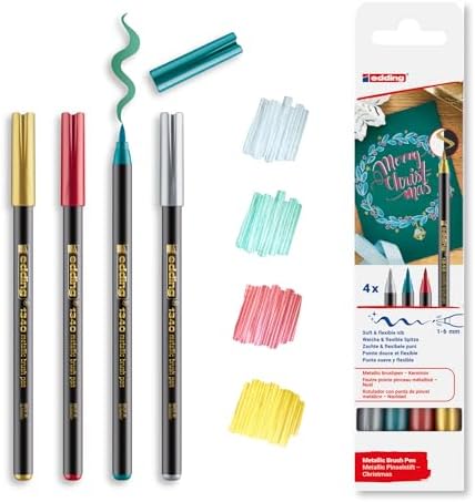 1340 metalik fırça uçlu keçeli kalem, 4 parlak renkli set, esnek fırça ucu