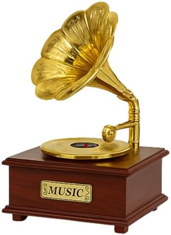 Klasik Mini Gramofon Figürlü Müzik Kutusu – 14x12 cm Altın Renk Trompetli Ahşap Görünümlü Kurmalı Retro Dekor