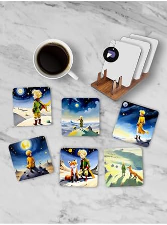 (pster21249) Küçük Prens Temalı Standlı Ahşap Bardak Altlığı Seti, 6 Adet Baskılı Bardak Fincan Kahve Altlığı
