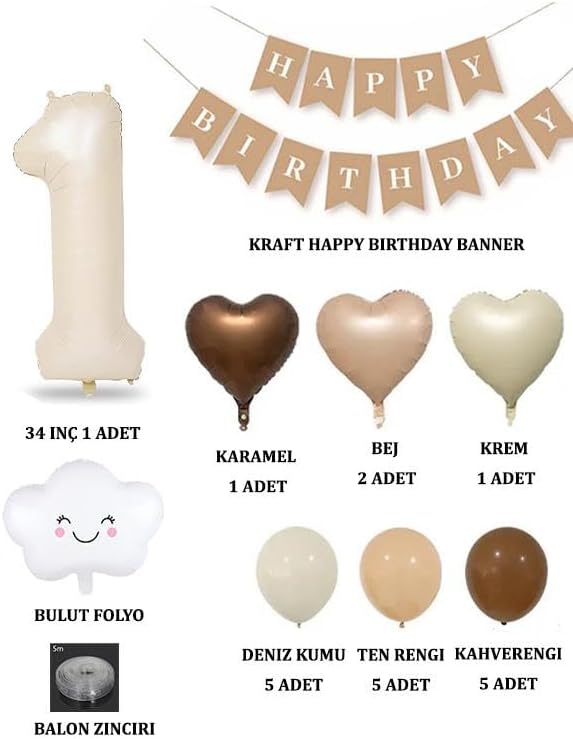 1 Yaş Retro Kalp Doğum Günü Seti; Krem Rakam Folyo, Banner, Kalp Folyo ve Lateks Balon