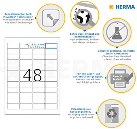HERMA 4346 Üniversal Etiket DIN A4 Çıkarılabilir, Küçük 45,7 x 21,2 mm, 25 Yaprak, Kağıt, Mat Kendinden Yapışkanlı, Yazdırılabilir, 1.200 Yapışkan Etiket, Beyaz