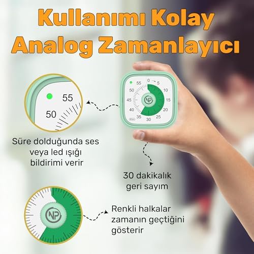 NPO Mutfak,Ders,Yemek için 60dk Analog Alarm Zamanlayıcı,Pomodoro Öğrenci Motivasyon Saati (Yeşil)