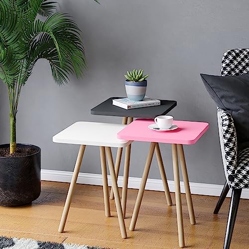 -Renkli Üçlü Zigon Sehpa Ahşap Ayaklı Kare Pastel Tasarım (Pembe,Beyaz,Gri)