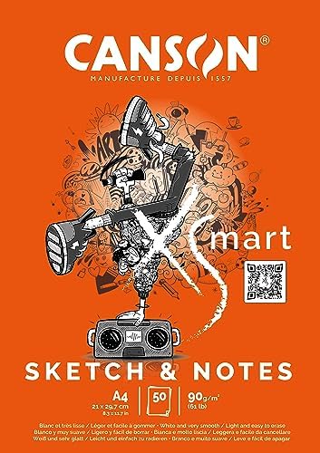 CANSON XSmart çizim kağıdı, beyaz, ince taneli, 90 g/m², uzun taraflı yapışkan blok, A4-21 x 29,7 cm, beyaz, 50 yaprak