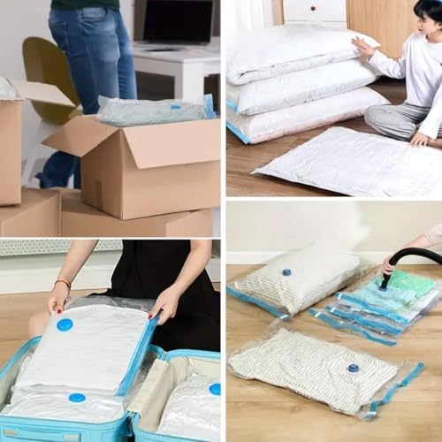 5'li Paket 3 Boy Vakumlu Hurç Giysi Yastık Yorgan Yazlık Kışlık İçin Vakumlu Saklama Torbaları, 2 ADET 70x50cm - 2 ADET 80x60cm - 1 ADET 100x80cm + El Pompası Hediye