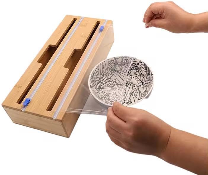 Bambu Asılabilir Streç Film ve Alüminyum Folyo Kesme Aleti, Kesici Streçlik ve Folyoluk, Mutfakta Pratik Kullanım için Tasarlanmış, Dayanıklı ve Şık Mutfak Aksesuarı (İki Gözlü)