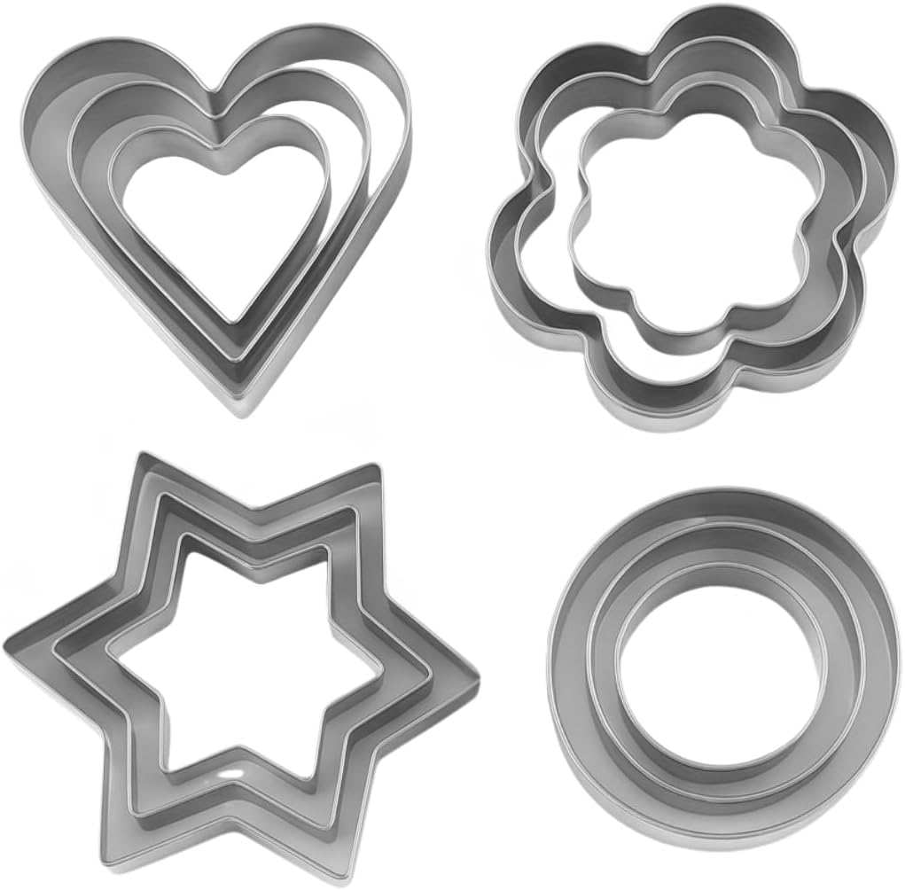 Paslanmaz Çelik Kurabiye ve Kek Kalıbı Seti – 4 Farklı Şekil (Kalp, Yıldız, Çiçek, Yuvarlak), Dayanıklı ve Yapışmaz Hamur Kalıbı Takımı