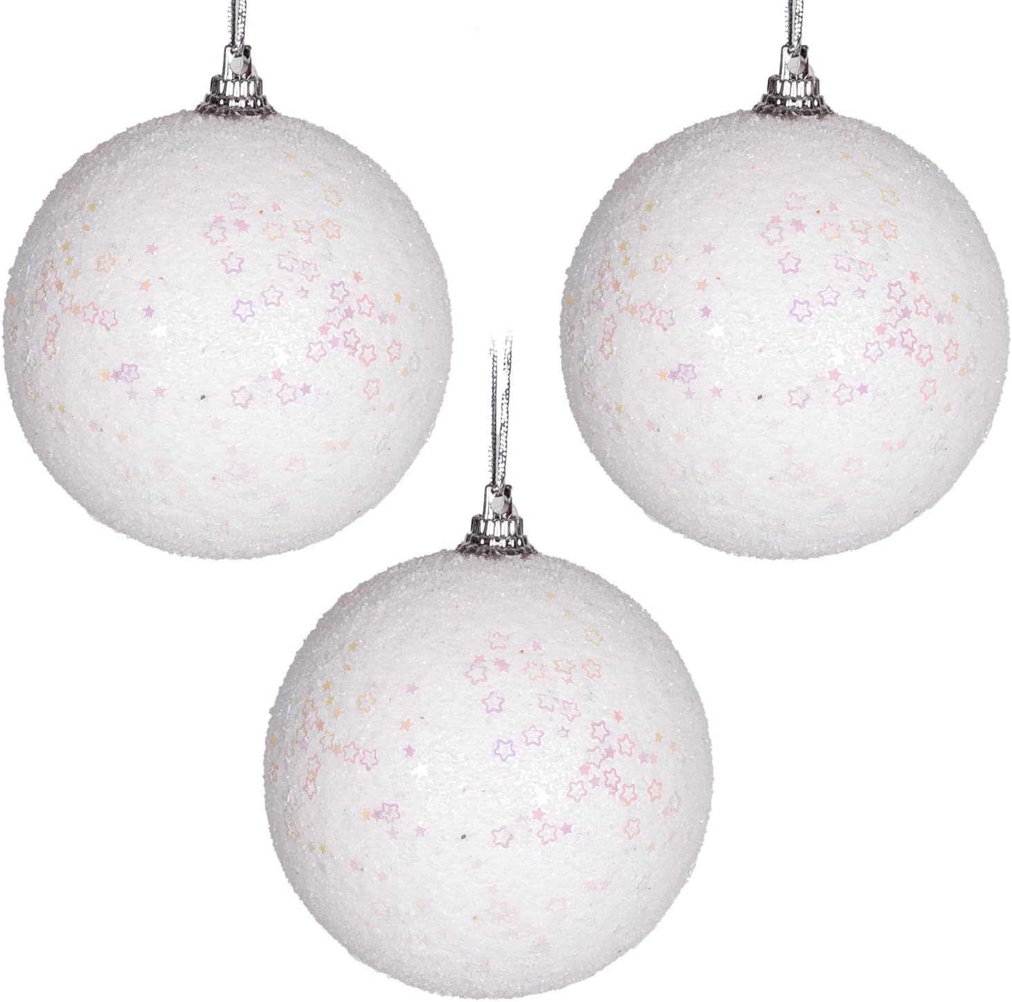 Yılbaşı Topu Pembe Parlak Yıldız Desenli 3'lü Set Beyaz 7 Cm.