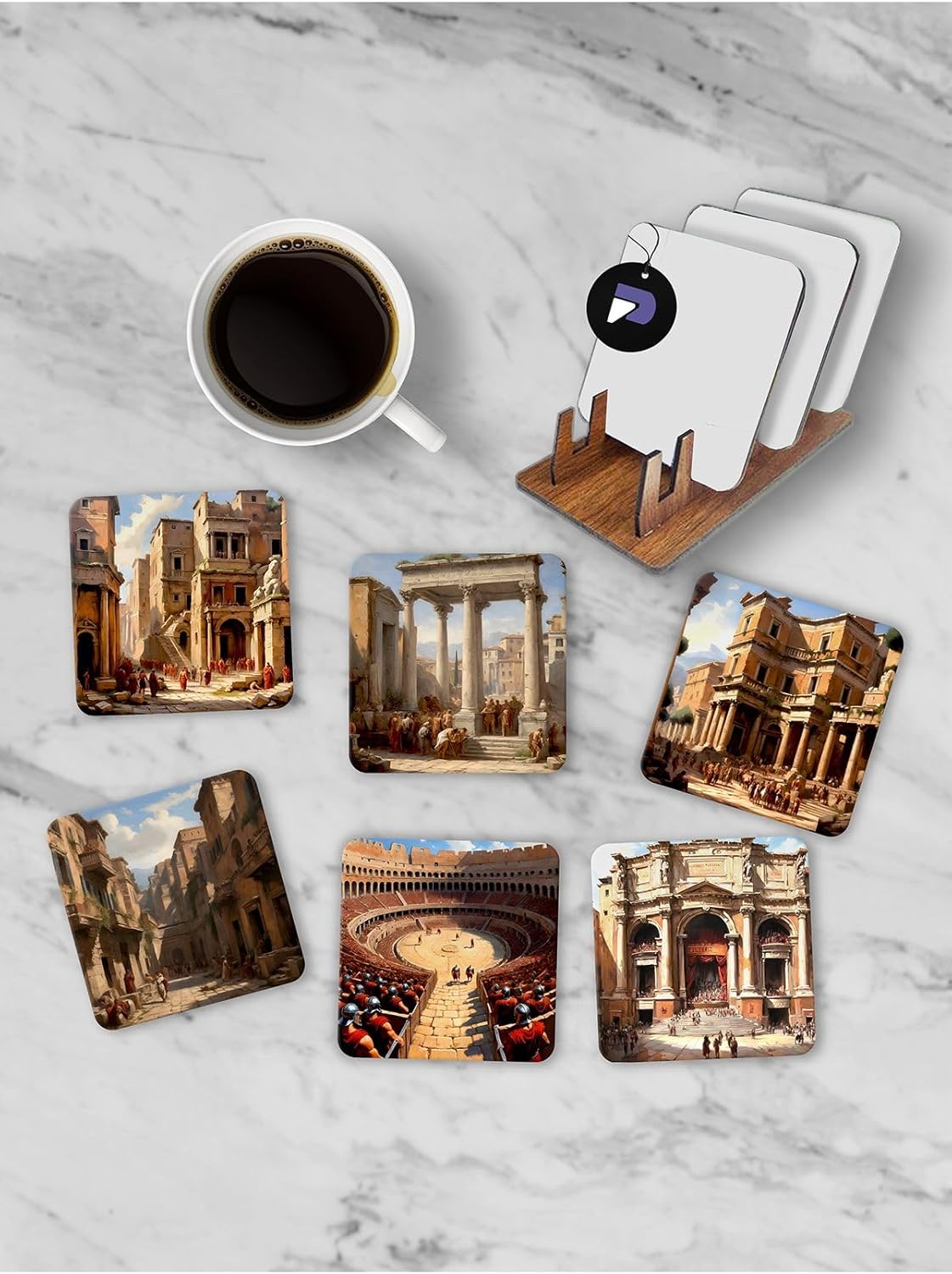 (pster21262) Antik Roma Standlı Ahşap Bardak Altlığı Seti, 6 Adet Baskılı Bardak Fincan Kahve Altlığı