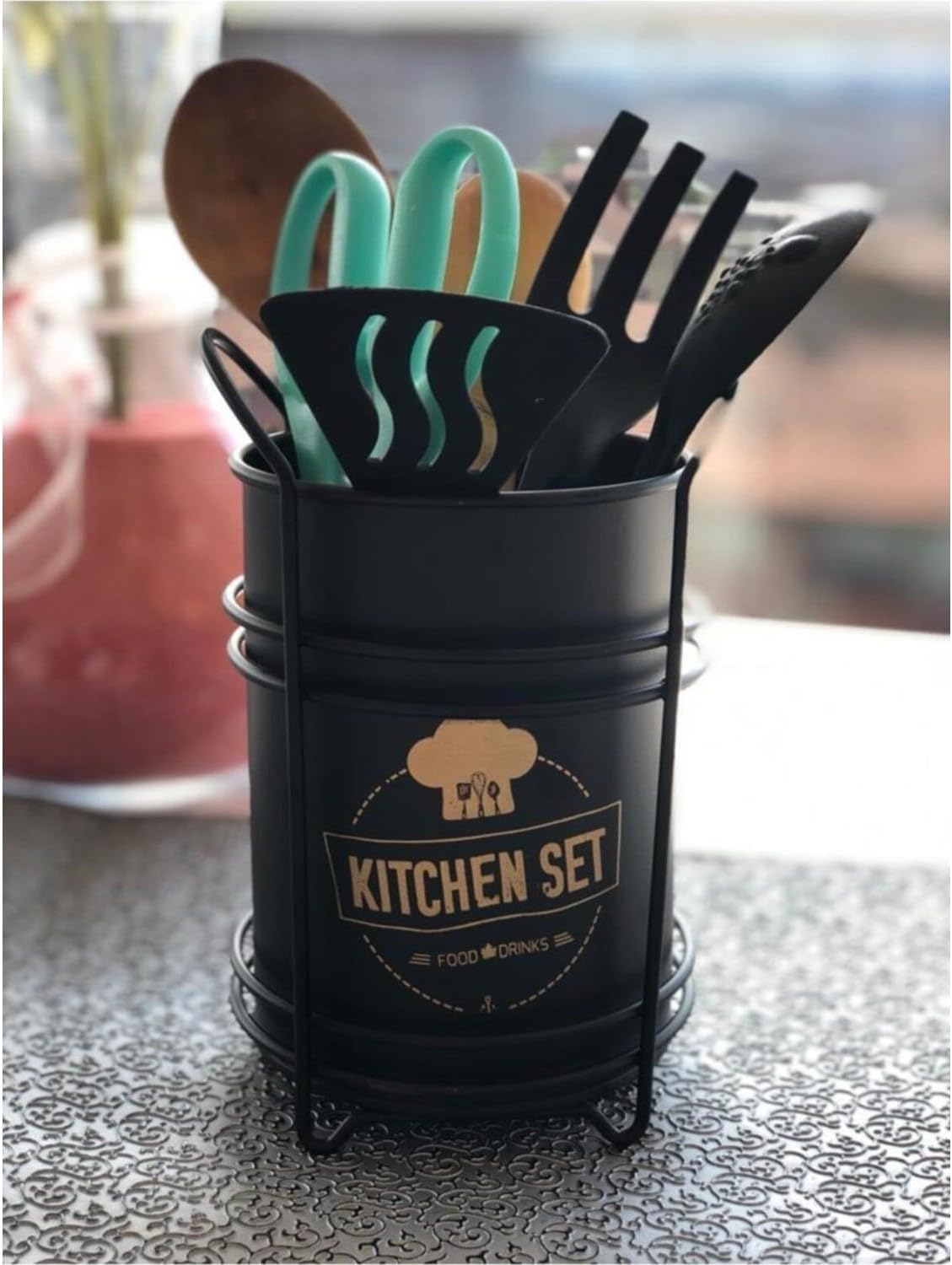 5DM-Tezgah Üstü Standlı Dekoratif Siyah Metal Kaşıklık