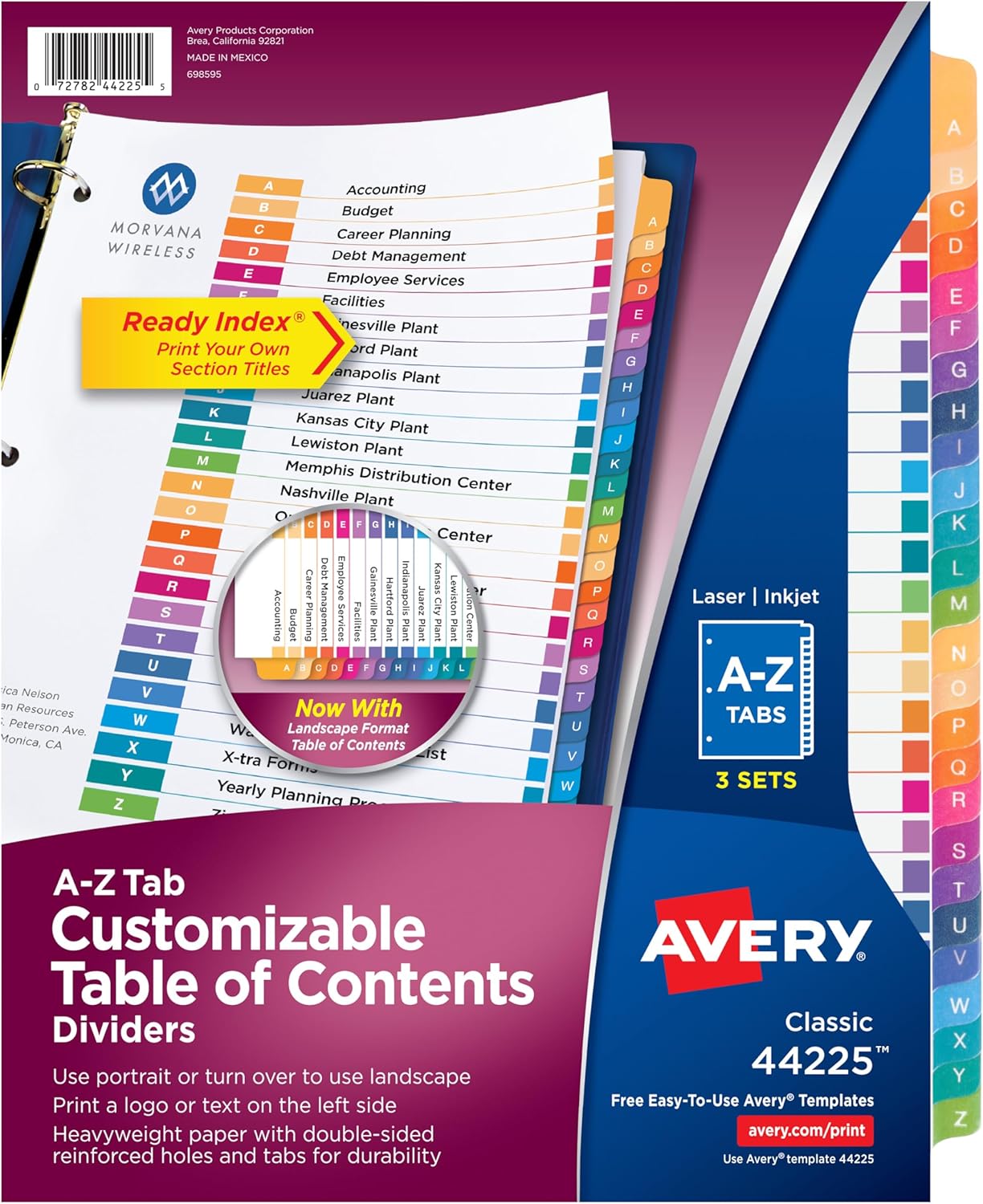 3 Halka Bağlayıcı için A-Z Tab Bölücüler, Özelleştirilebilir İçindekiler, Çok Renkli Sekmeler, 3 Takım (44225)