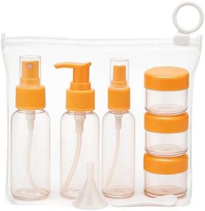 Seyahat Kozmetik Seti 9 Parça – 3 Şişe + 3 Krem Kabı + Huni + Spatula + Şeffaf Çanta | Uçak İçin Uygun, Doldurulabilir, Taşınabilir Bakım Seti