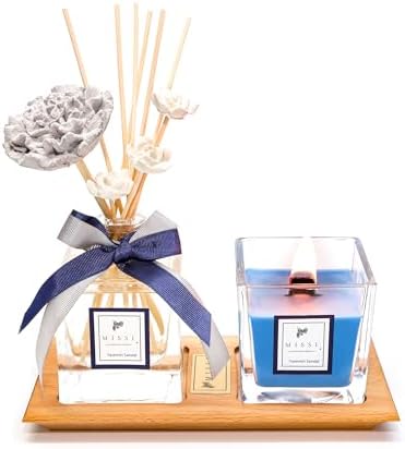 Masif Ahşap Tepsili Vıp Yasemin Sandal Oda Kokusu ve Mum Seti