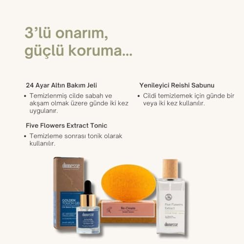 Kırışıklık Giderici Set - 24k Altın Cilt Bakım Jeli, 5 Çiçek Tonik ve Yenileyici Reishi Sabunu - Cilt Gençleştirme, Leke Karşıtı, Anti-Aging Bakım