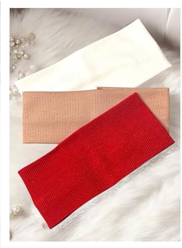 Kalın saç bandı Set, fitilli saç bandı, 3 adet (Kırmızı - Beyaz - Bej Fitilli, 8 cm)